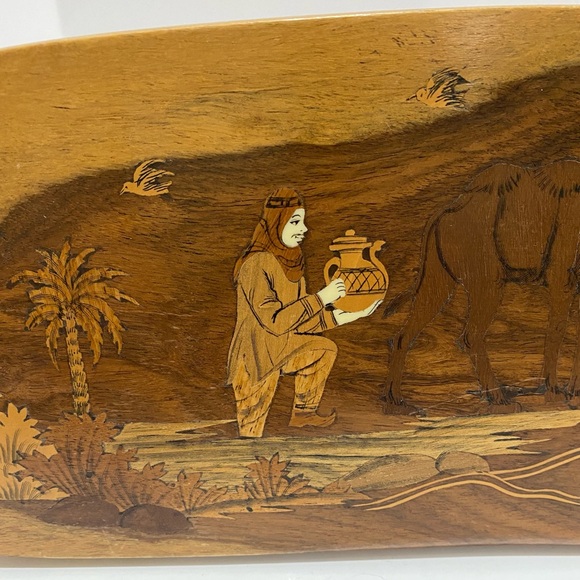Vintage Wood Plaque Marquetry Inlay Middle East Campsite Tent Camel Palm Trees - Picture 3 of 10